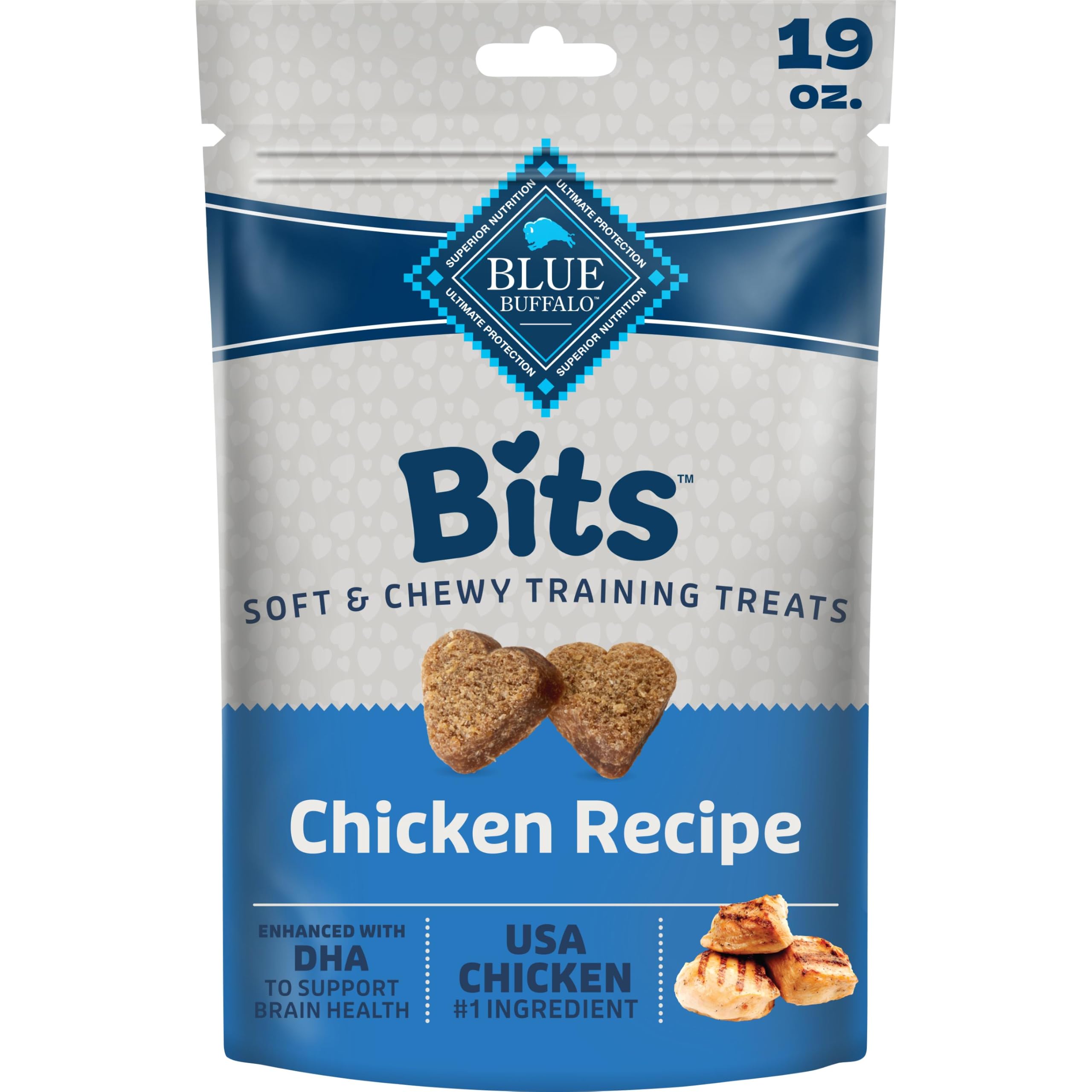 Blue Buffalo Bits Chicken Soft & Chewy Dog Treats, Bite-Sized for Training, Made with Real Chicken & Enhanced with DHA, Heart-Shaped Dog Treats, Made in the USA with Natural Ingredients, 19 oz.