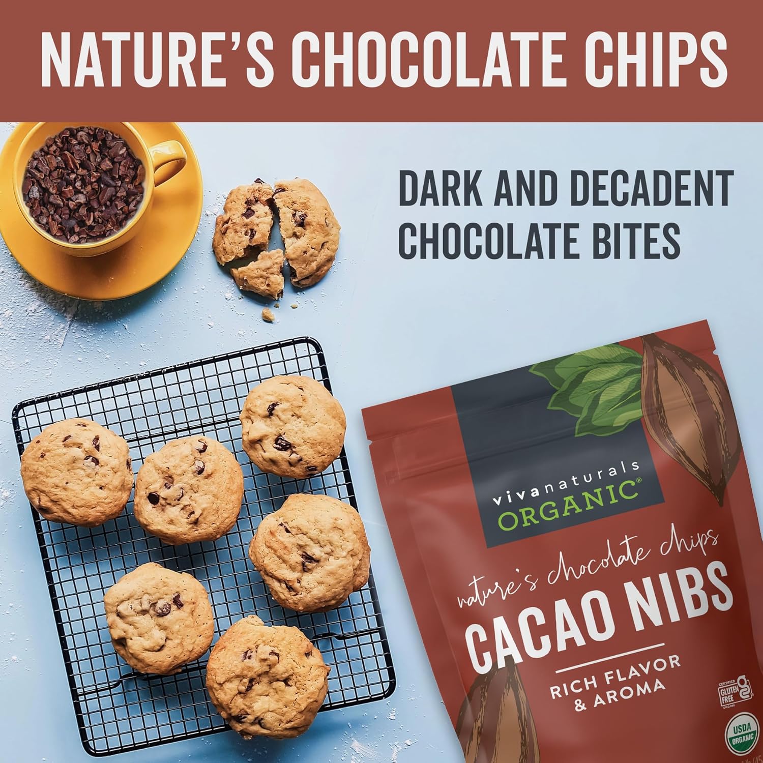 Viva Naturals Organic Cacao Nibs, Unsweetened, 1 LB (454 g), Keto Friendly, Vegan, Non-GMO, Gluten-Free Chocolate Chip Substitute