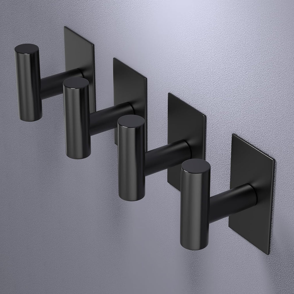 VAEHOLD Wall Towel Hooks, Heavy Duty Sticky Holder Waterproof Towel Hooks for Hanging Coat, Clothes, Closet Hook Wall Mount for Kitchen (Black, 2 Pack)