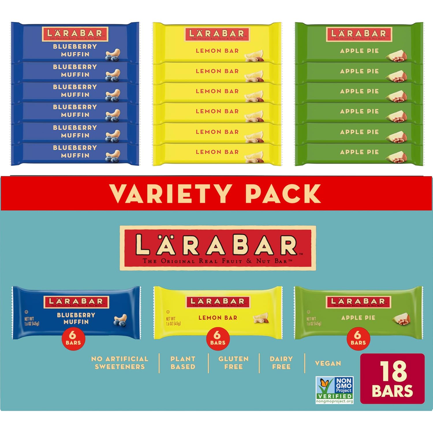 LARABAR Fruit & Nut Bars Variety Pack 18 Count (1.6 oz Each), Blueberry Muffin Lemon Apple Pie, Vegan Gluten Free Dairy Free Plant Based, Granola Snack Bars Breakfast Snacks For Adults