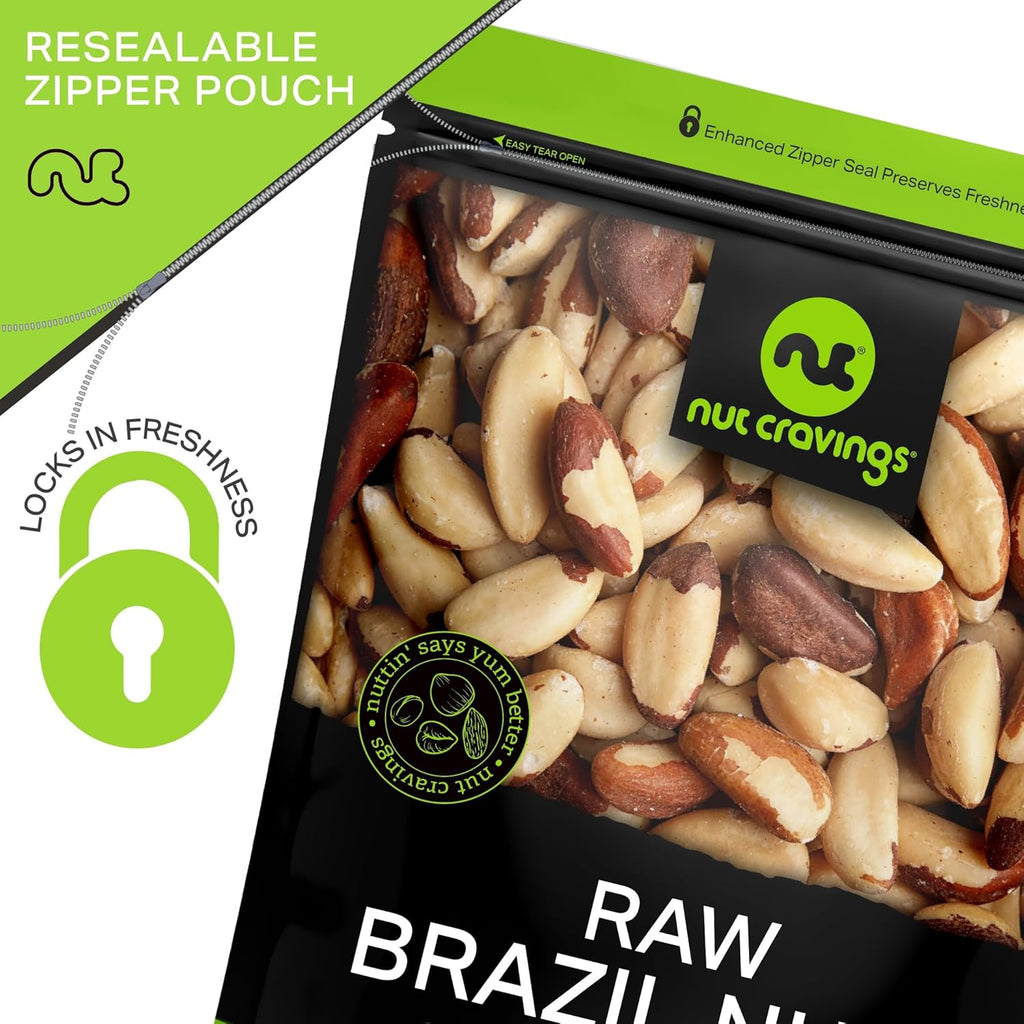 NUT CRAVINGS - Raw Brazil Nuts, Unsalted, No Shell, Whole, (16oz - 1 LB) Packed Fresh in Resealable Bag - Kosher Healthy Snack, Food Assortments