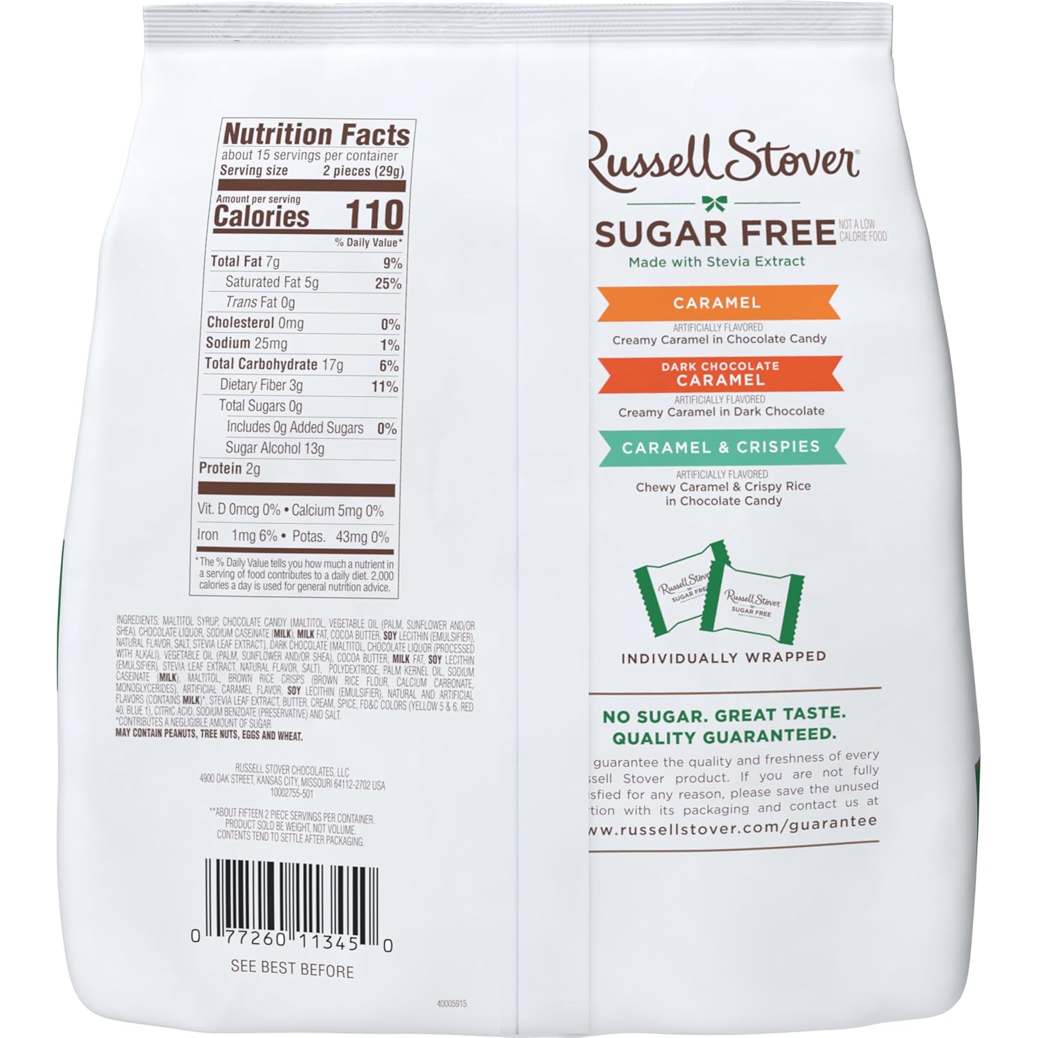 RUSSELL STOVER Sugar Free Assorted Caramels in Chocolate Candy, 15.3 oz. bag