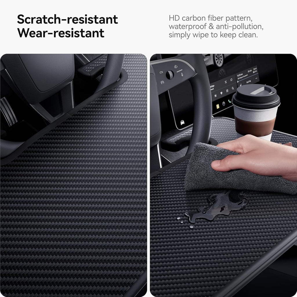 YONZEE 2-in-1 Car Steering Wheel Desk Tray & Car Seat Gap Filler Organizer – Foldable Carbon Fiber Look Table for Laptop, Eating Food, Writing – Multipurpose Travel Car Accessories