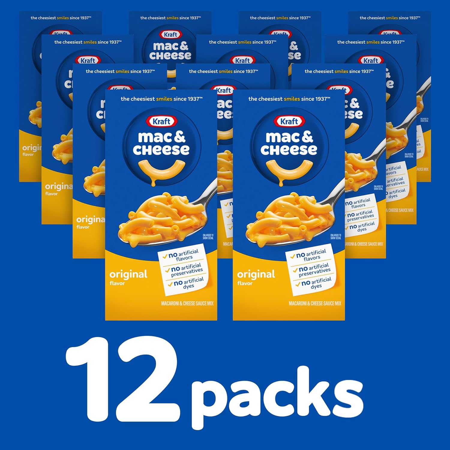 Kraft Mac and Cheese, 12 Boxes, for Easy Dinner or Dinner Sides, Original Flavor, No Artificial Flavors, Preservatives or Dyes, 7.25 oz