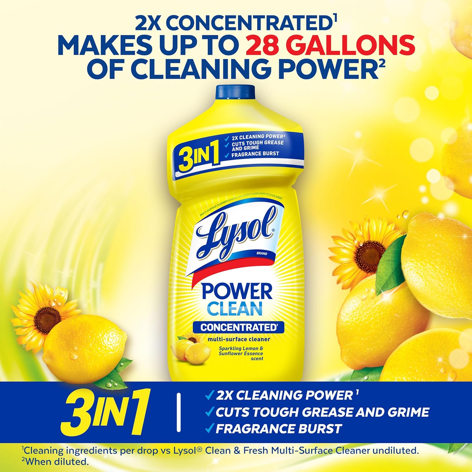 Lysol Power Clean Multi-Surface Cleaner, 2x Concentrated Pour, Sparkling Lemon & Sunflower Essence scent, 28 Fl Oz (Packaging May Vary)