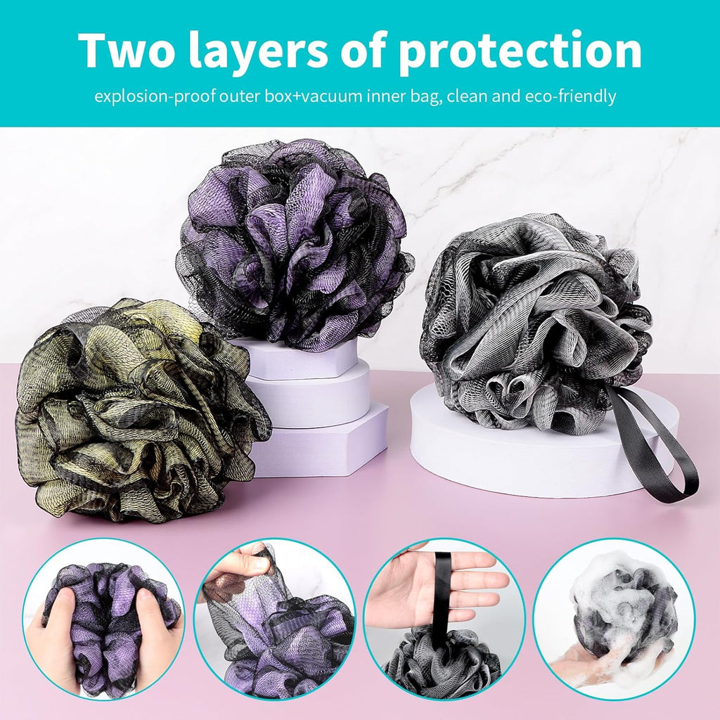 Bath Loofah Shower Sponge Body Back Scrubber Soft Mesh Shower Puffs Exfoliating Loofa for Women & Men Bath Accessories Cleaning Tool (Pack of 4 60G Loofah, Dark Elf)