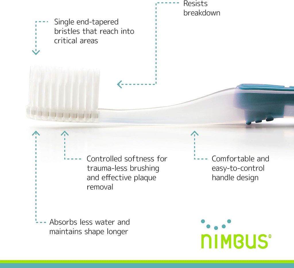 Nimbus Extra Soft Toothbrushes (Compact Size Head) Periodontist Design Tapered Bristles for Sensitive Teeth and Receding Gums, Individually Wrapped Plaque Remover Toothbrush (5 Pack, Colors May Vary)