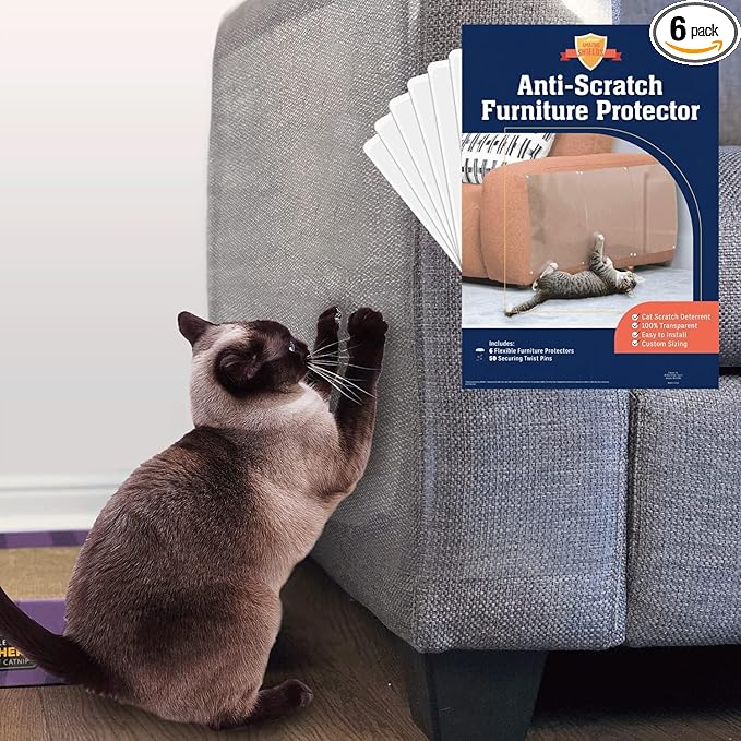 6 Pack XL Anti Cat Scratch Furniture Protector - Couch Protector from Cat Claws w/Twist Pins, Clear, Easy-to-Apply Scratching Deterrent and Shield for Sofa (Not for Leather, Velvet, Microfiber)