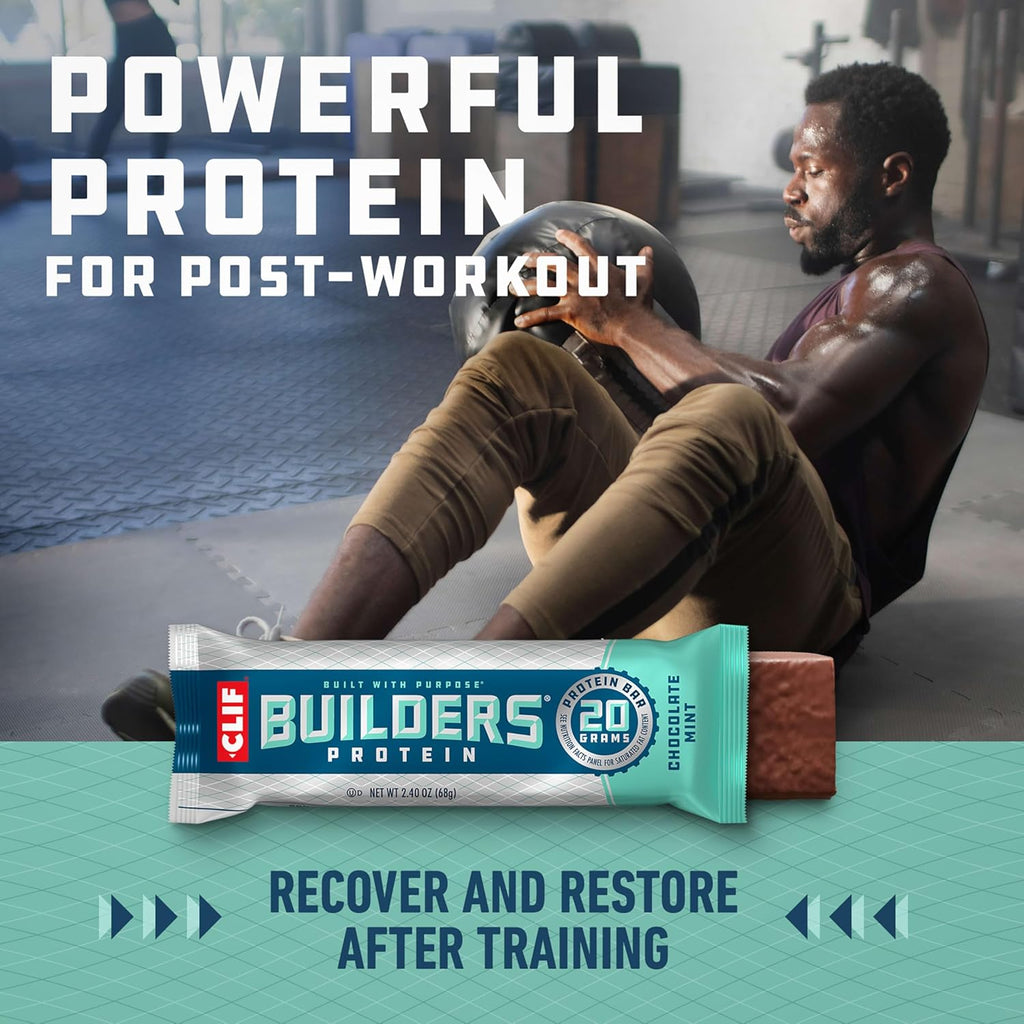 CLIF BUILDERS Protein Bars - Chocolatey Mint - 20g Plant Based Protein - Gluten Free - Non-GMO - Low Glycemic - No Artificial Sweeteners - 2.4 oz. (12 Pack)