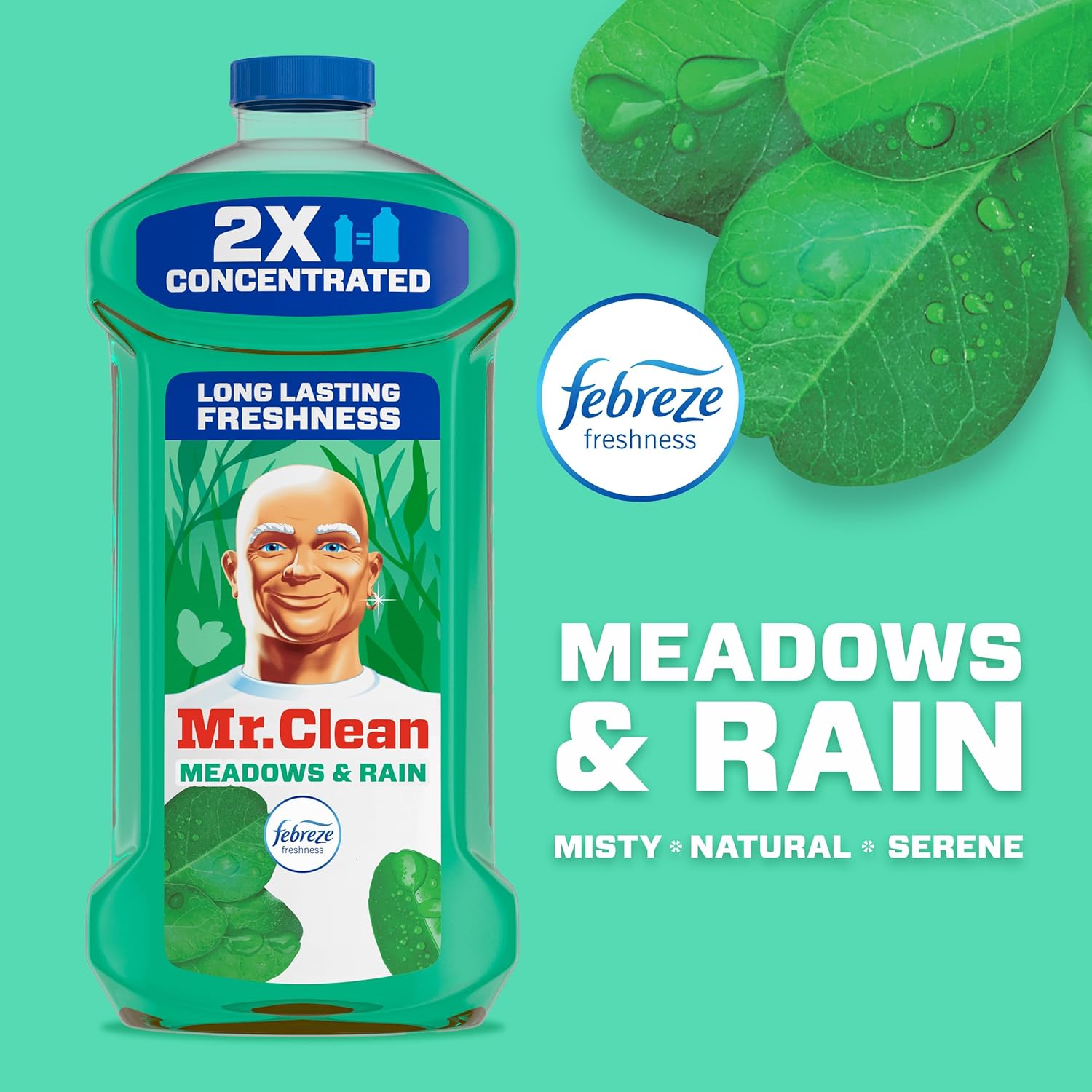 Mr. Clean All Purpose Cleaner, Floor Cleaner for Mopping Home, Bathroom, & Kitchen, Cleaning Liquid for Mop & Bucket, Cleaning Supplies, Multi-Surface Dilutable, Meadows & Rain, 41oz