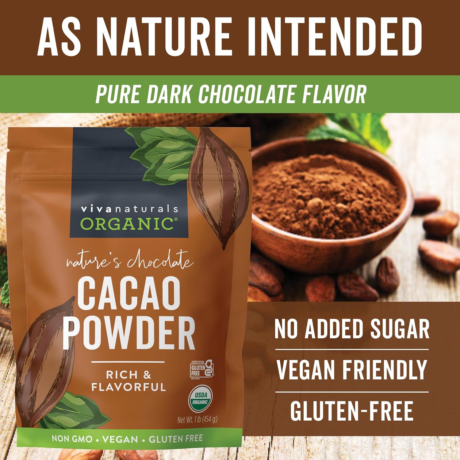 Organic Cacao Powder, Unsweetened, 1 lb (454 g) – Rich Dark Chocolate Flavor, Perfect for Baking, Smoothies & Hot Chocolate – Vegan, Keto, Paleo, Non-GMO & Gluten-Free Cocoa Powder