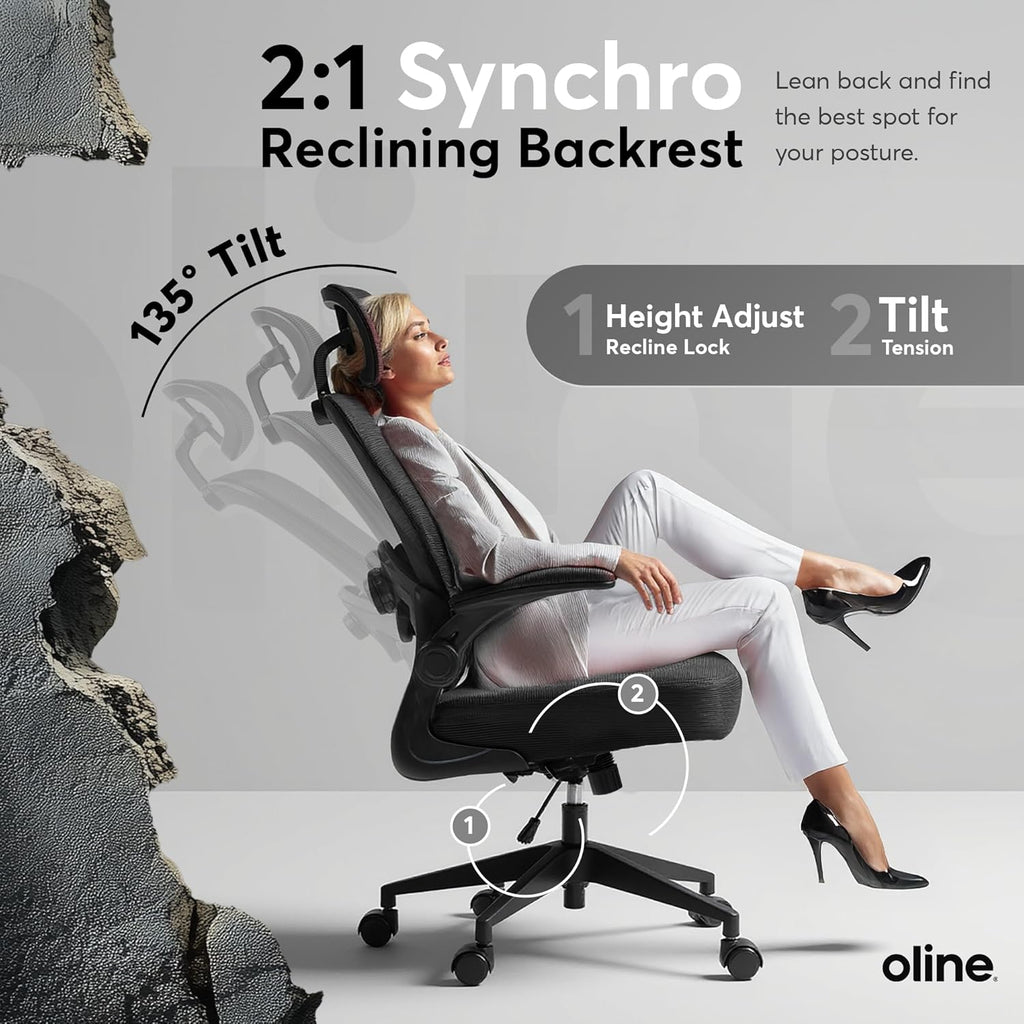 Oline ErgoAir Ergonomic Office Chair – Adjustable Lumbar Support, Flip-Up Armrests, Mesh Computer Desk Chair, Swivel Rolling Executive Gaming Chair for Home & Office (Black)