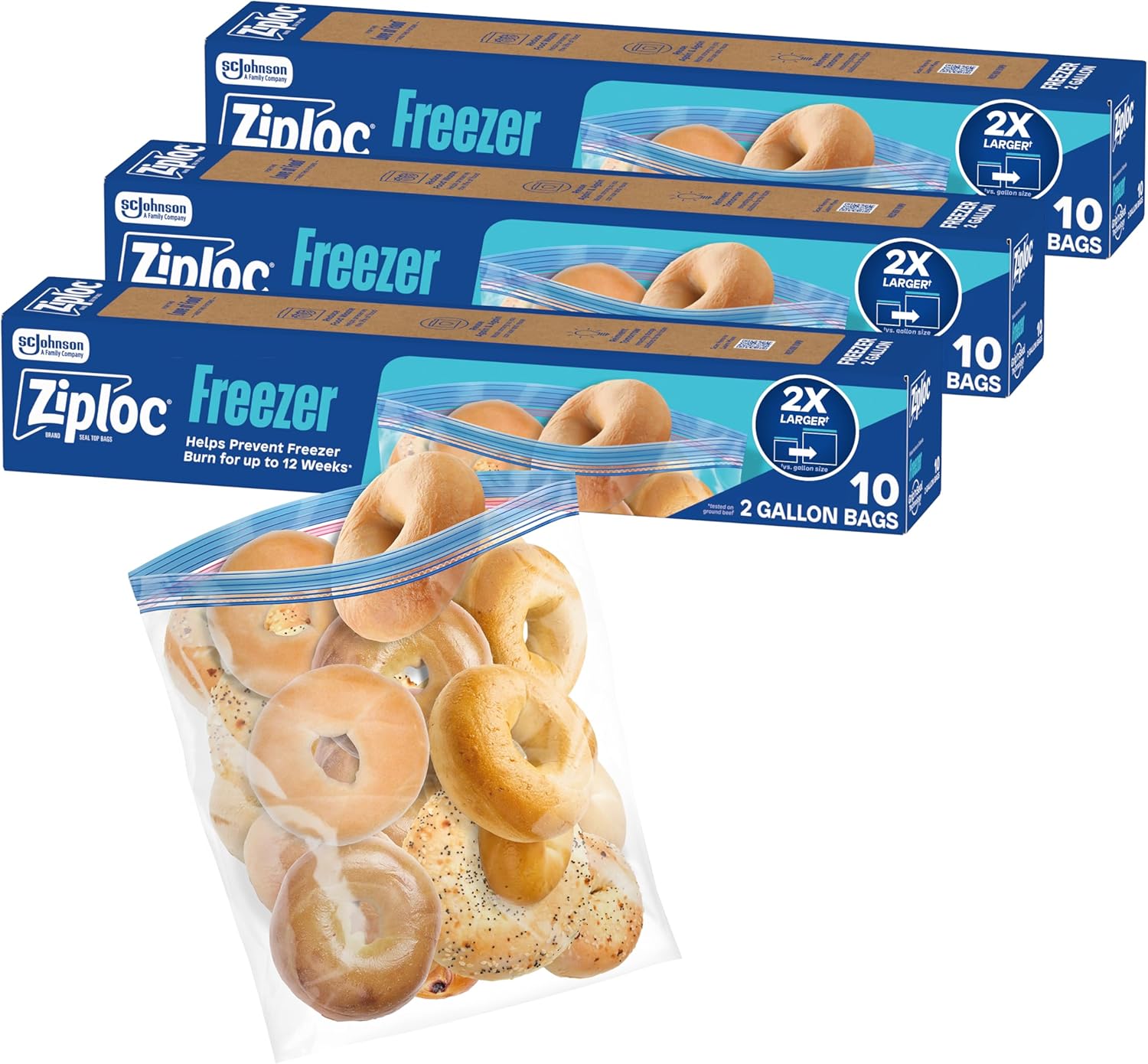 Ziploc Two Gallon Food Storage Freezer Bags, 30ct Total, Easy Open and Close, 10 Count, Pack of 3 (Packaging May Vary)