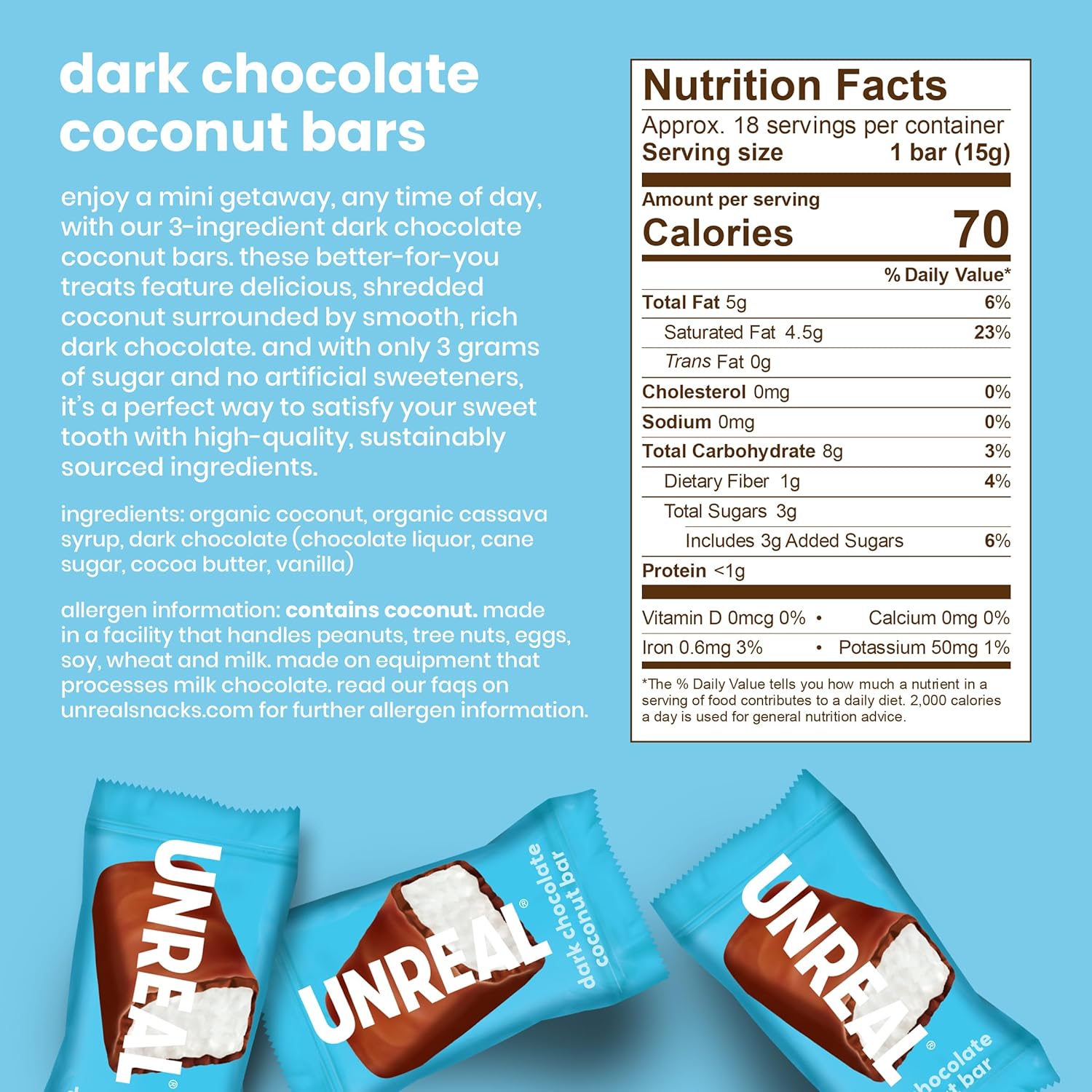 UNREAL Dark Chocolate Coconut Bars (Value Size Bag) | Vegan, 3g Sugar, & 3 Simple Ingredients | Non-GMO, Gluten Free, & Fair Trade | 9.5oz