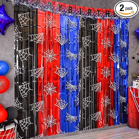 Bupelo Spider Web Birthday Decorations, 2 Pack Spider Party Supplies 3.3x6.6ft Tinsel Foil Fringe Curtains, Red Black, and Blue Photo Booth Prop Backdrop Streamer, Birthday Decor, Party Decor for Boys