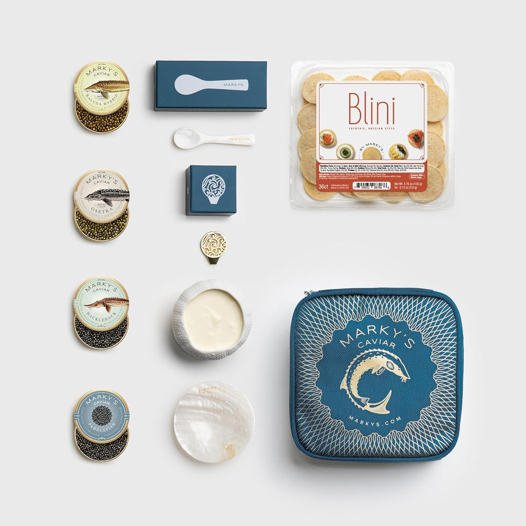 MARKY'S Caviar Tasting Gift Set – 4 x 0.5 oz + Blini, Spoon & Cooler Bag