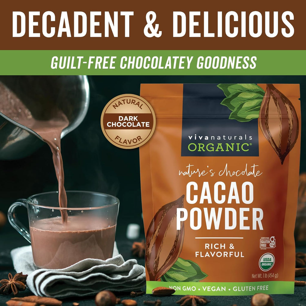 Organic Cacao Powder, Unsweetened, 1 lb (454 g) – Rich Dark Chocolate Flavor, Perfect for Baking, Smoothies & Hot Chocolate – Vegan, Keto, Paleo, Non-GMO & Gluten-Free Cocoa Powder