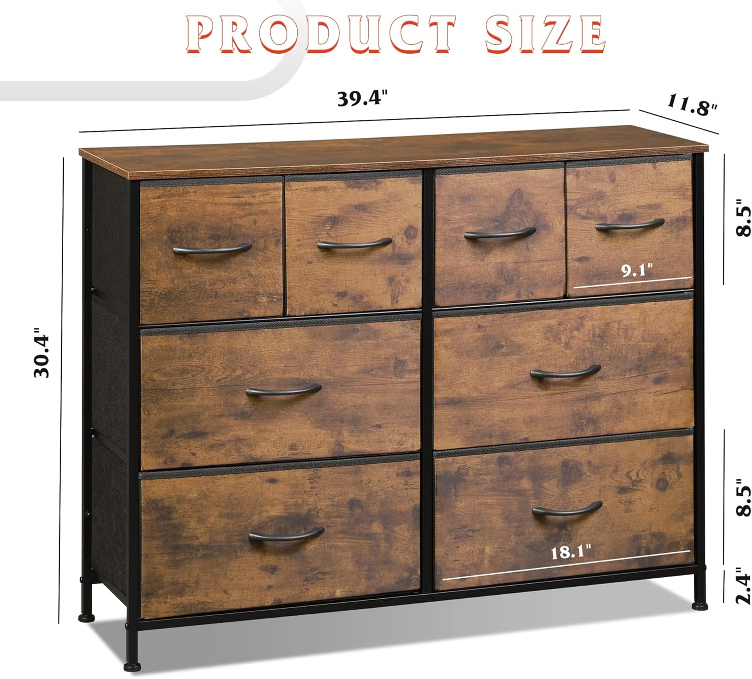 WLIVE Dresser for Bedroom with 8 Drawers, Wide Fabric Dresser for Storage and Organization, Bedroom Dressers, Chest of Drawers for Living Room, Closet, Entryway, Rustic Brown Wood Grain Print