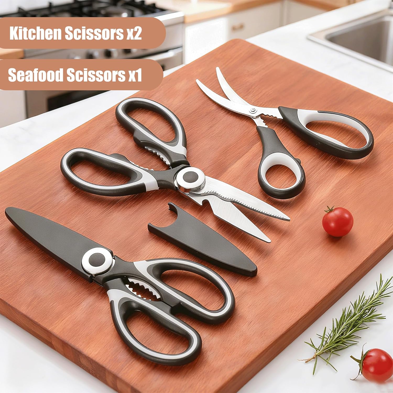 Food Grade Kitchen Scissors All Purpose 3 Pack - Heavy Duty Stainless Steel Cooking Shears for Cutting Meat, Food, Fish, Poultry Sharp Sissors for Dishwasher Safe - with Protective Sheath