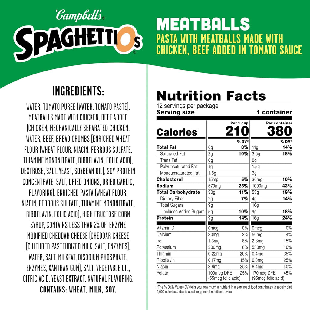 SpaghettiOs Canned Pasta with Meatballs, 15.6 oz Can (12 Pack)