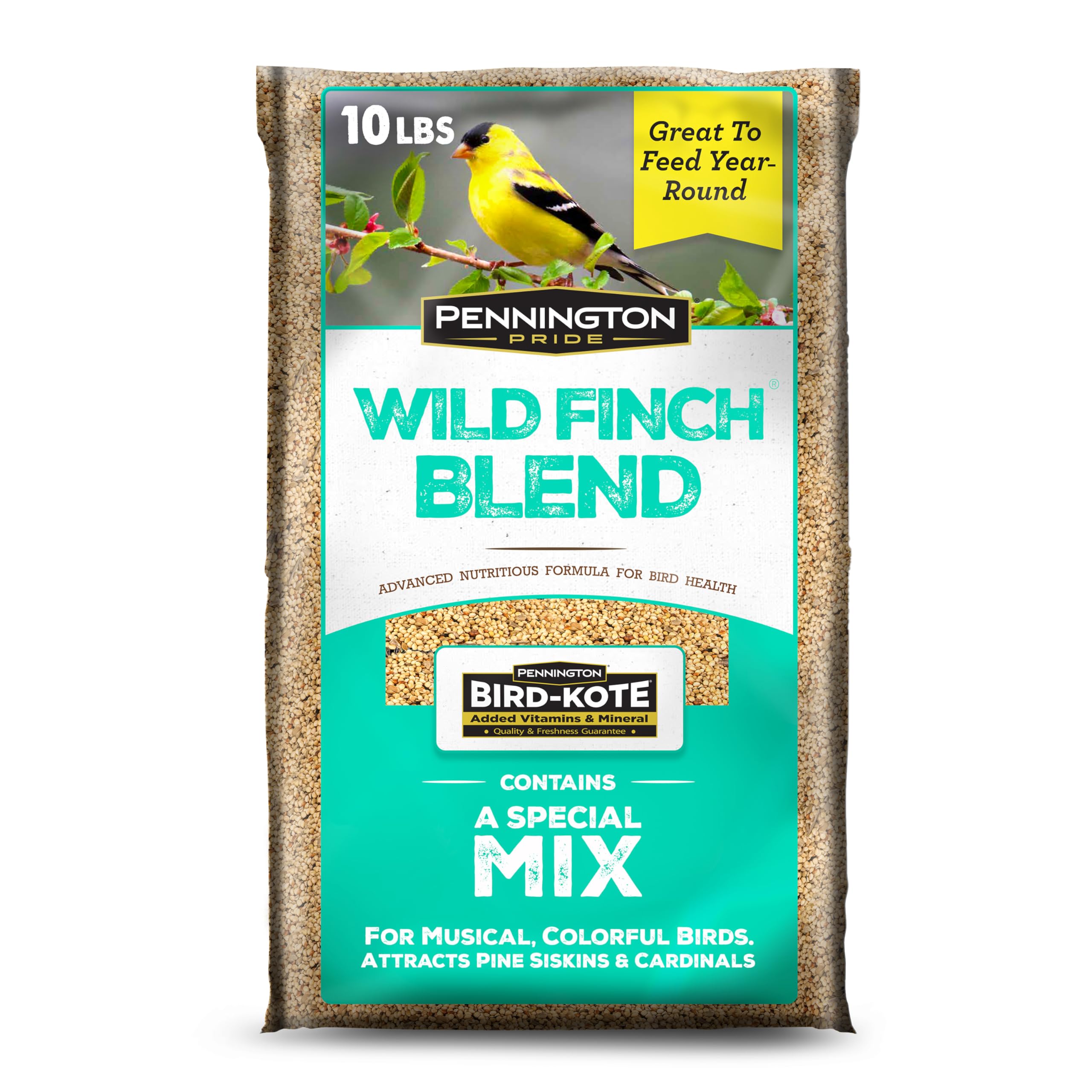 Pennington Pride Wild Finch Blend, Wild Bird Seed for Outside Feeders, Special Mix for a Variety of Musical & Colorful Songbirds, Great Bird Food to Use as Year-Round Feed, 10-lb. Bag