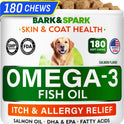 BARK&SPARK Omega 3 for Dogs and Cats-180 Fish Oil Treats for Dogs & Cats Shedding, Skin Allergy, Itch Relief, Hot Spots Treatment-Joint Health-Skin and Coat Supplement-EPA & DHA Fatty Acids-Salmon Oil