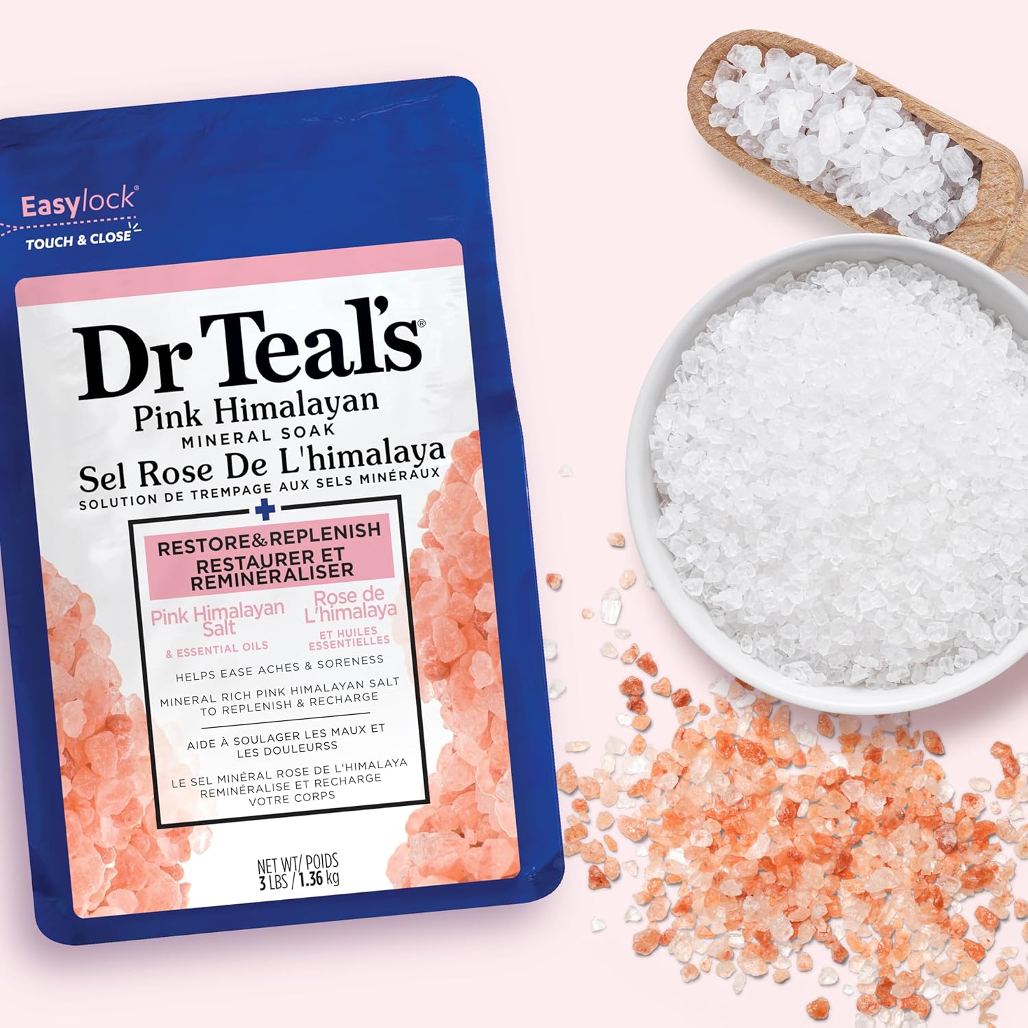 Dr Teal's Epsom Salt Magnesium Soak, Restore & Replenish with Pink Himalayan Salt, 3 lbs