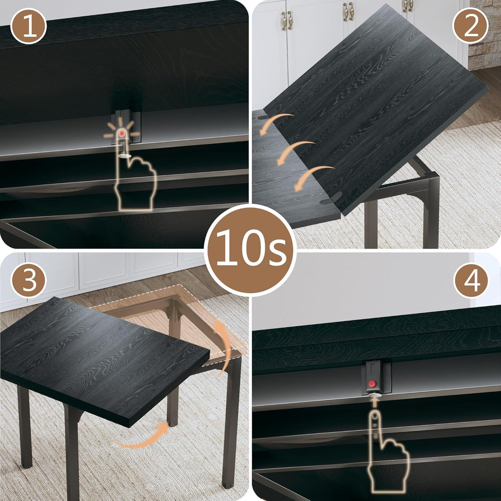 Dining Table Set for 4, Extendable Kitchen Table Cushion Chairs Set of 4, Rectangle Dining Table with Metal Frame & MDF Board, Folding for Small Apartment Saving Space, Black