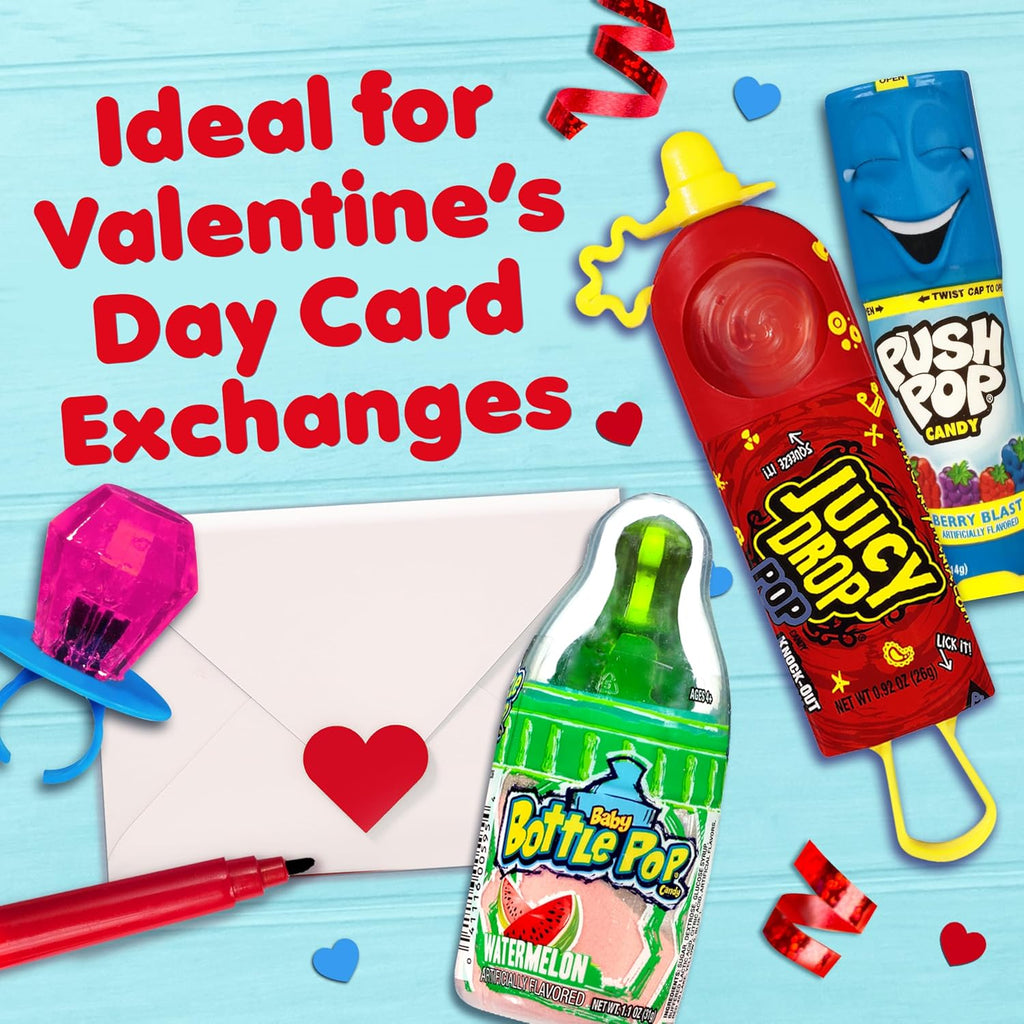 Candy Variety Pack, 18Ct Assorted Valentine's Candy Lollipops, Bulk Individually Wrapped Ring Pop, Push Pop, Baby Bottle Pop & Juicy Drop, Birthday Party Favors, Valentine's Gifts, Kids Goodie Bags