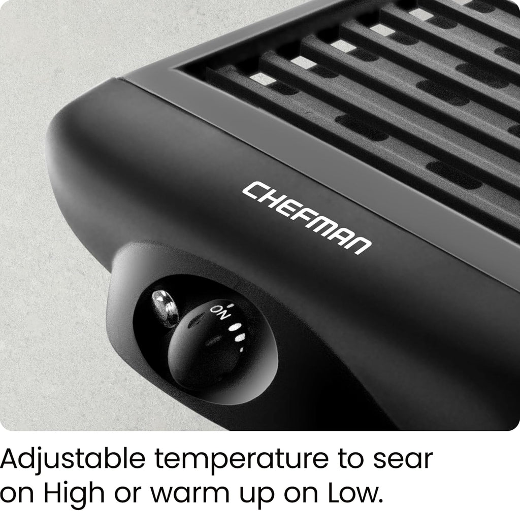 Chefman Electric Smokeless Indoor Grill w/ Non-Stick Cooking Surface & Adjustable Temperature Knob from Warm to Sear for Customized BBQing, Dishwasher Safe Removable Water Tray, Black