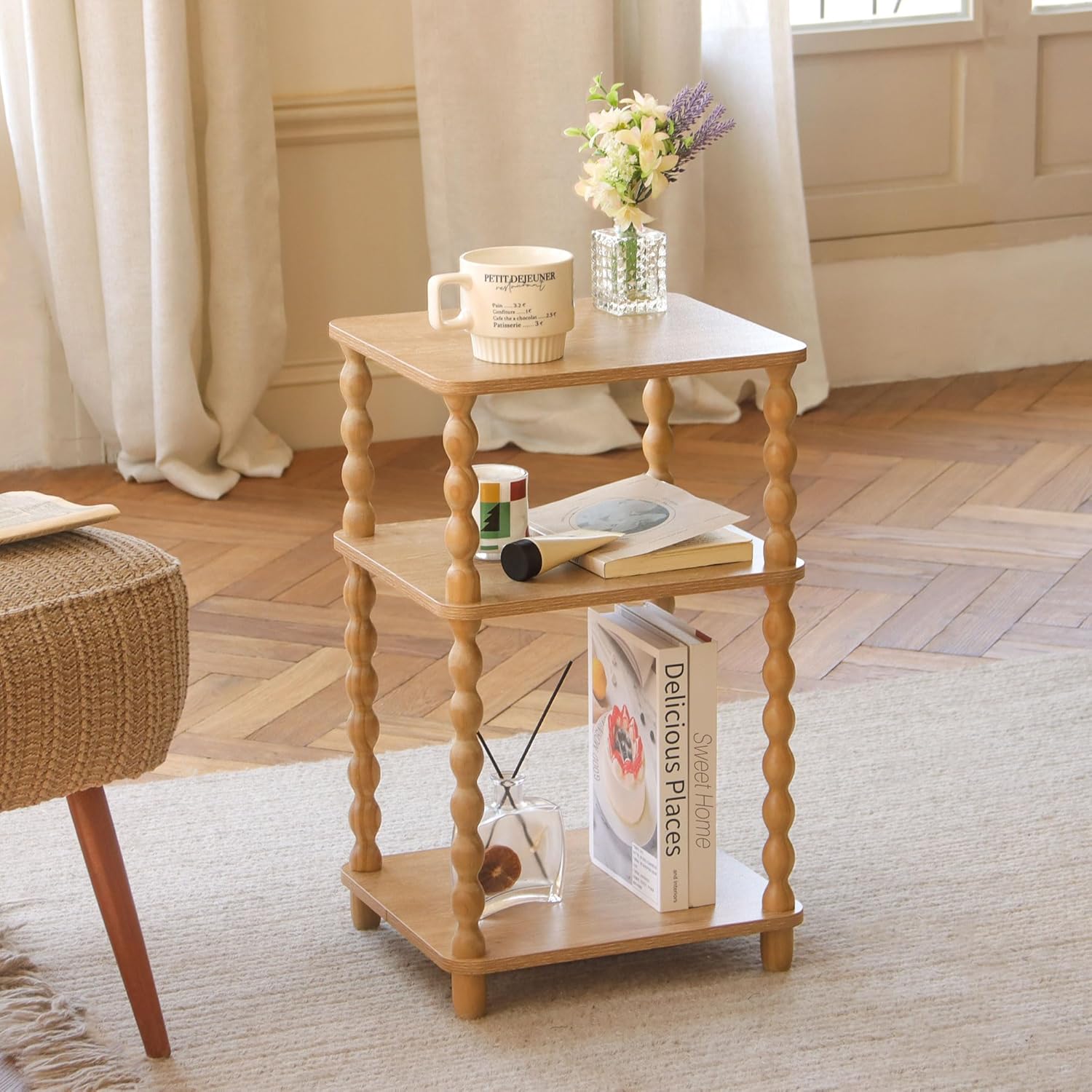 End Table, Modern Side Table with 3 Tier Open Shelf, Small Table Bed Side Tables Bedroom for Small Spaces, Living Room and Office (Rustic Walnut)