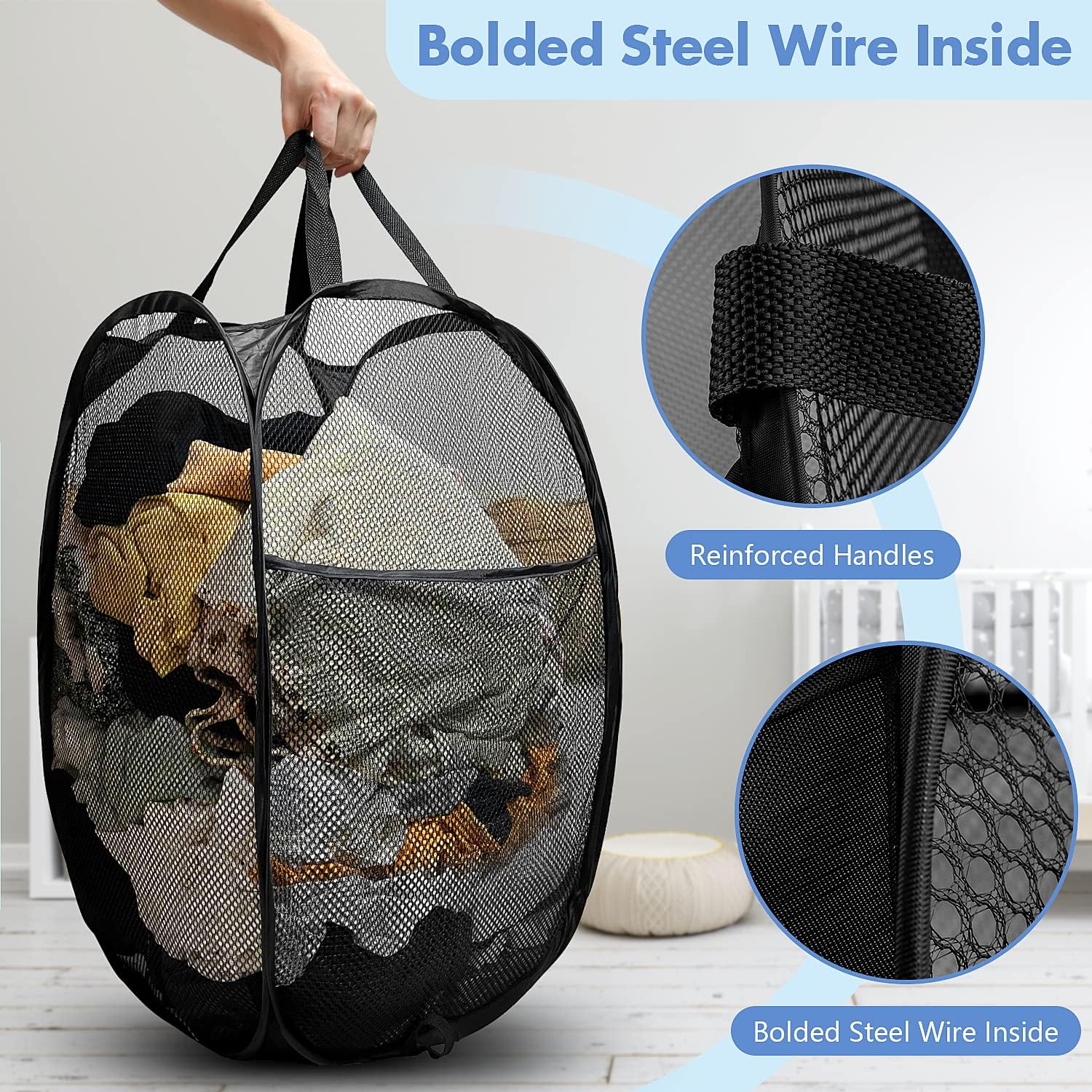 DUCOO Pop Up Hamper, 1 PCS Mesh Pop Up Laundry Hamper, Foldable Mesh Laundry Basket with Space-Saving Design for Home, Dorm, Travel & Storage - Black