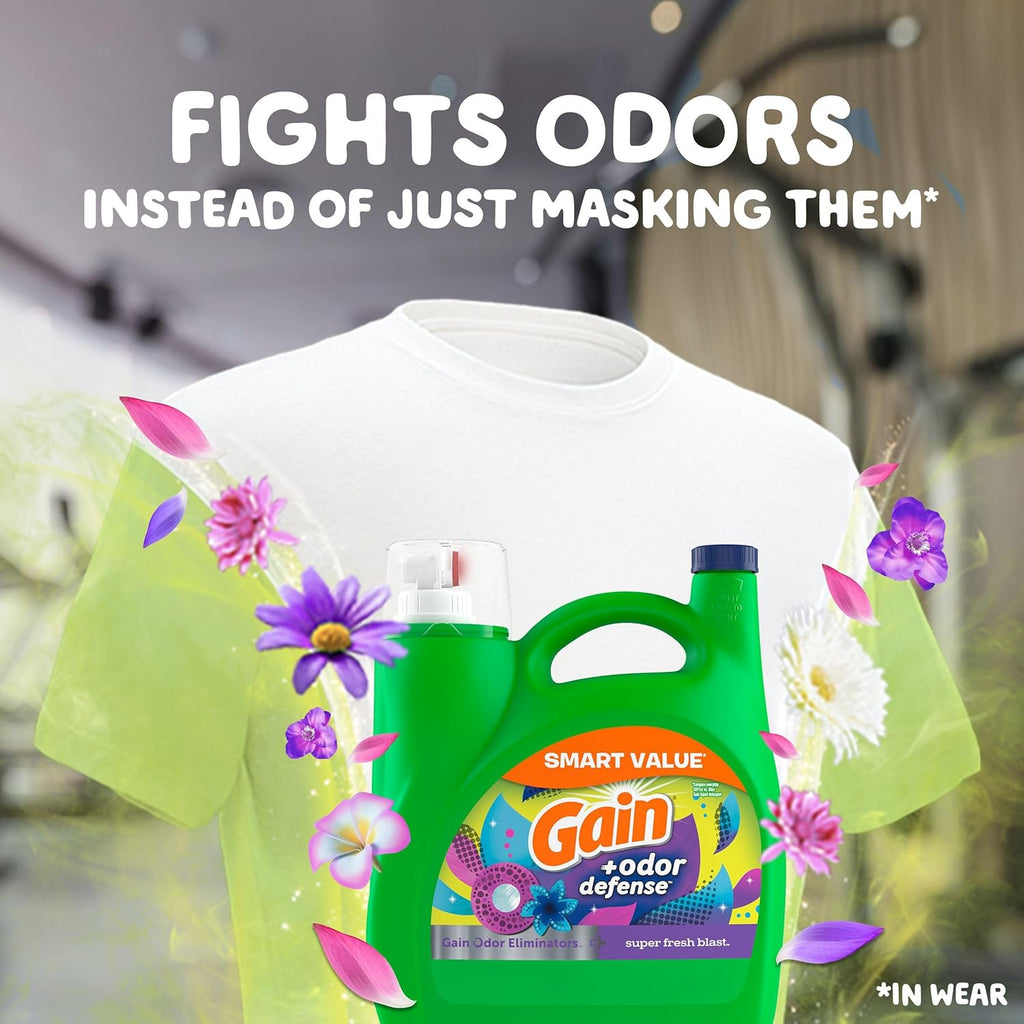 Gain + Odor Defense Liquid Laundry Detergent Super Fresh Blast Scent, HE Compatible, 107 Loads 154 fl oz, Gain Laundry Detergent, Liquid Laundry Detergent