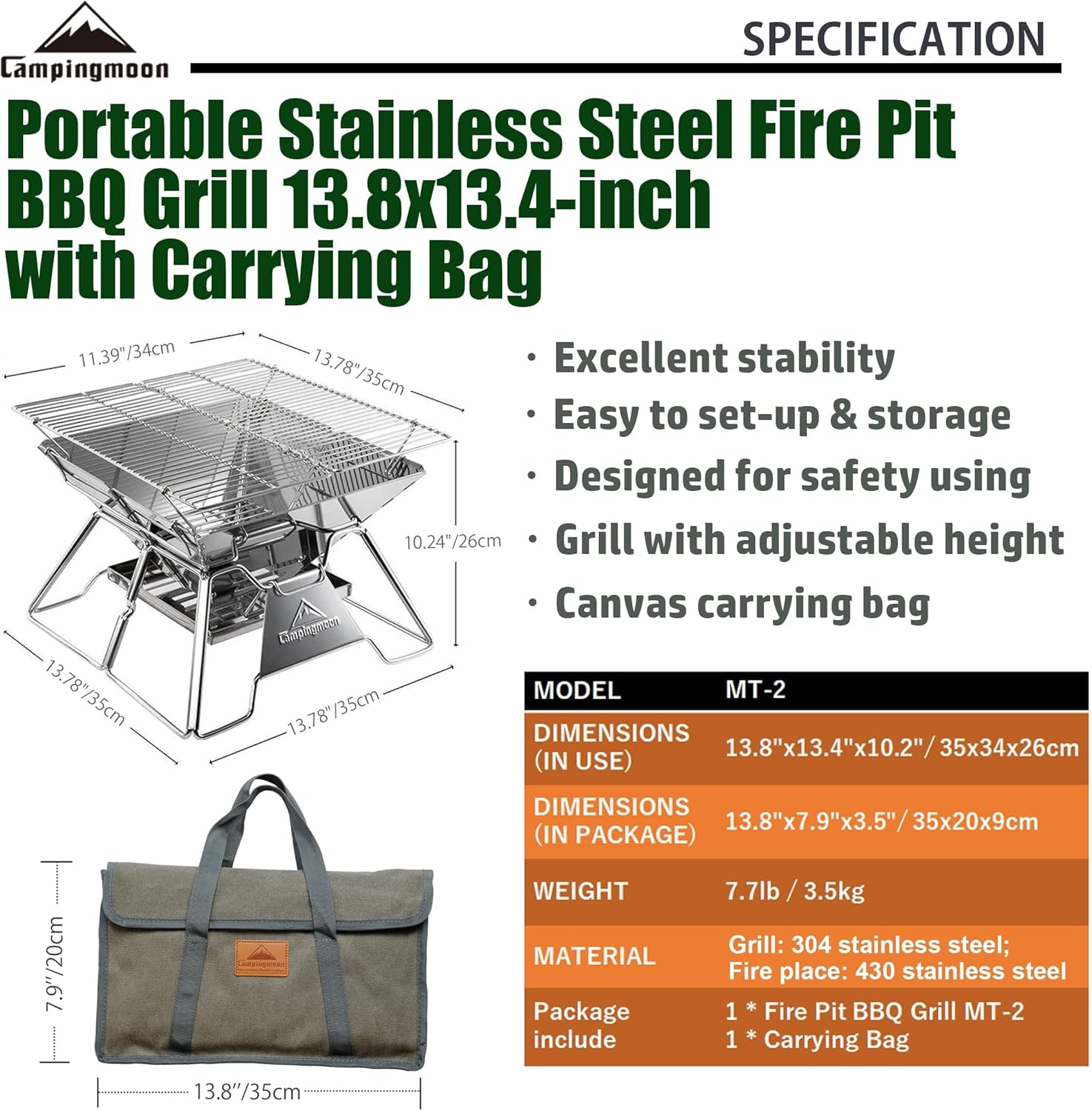 CAMPINGMOON Portable Stainless Steel Campfire Fire Pit Foldable Wood Burning Charcoal Grill for Camping Stove, Outdoor Cooking, Folding BBQ Grill 14-inch with Carry Bag MT-2