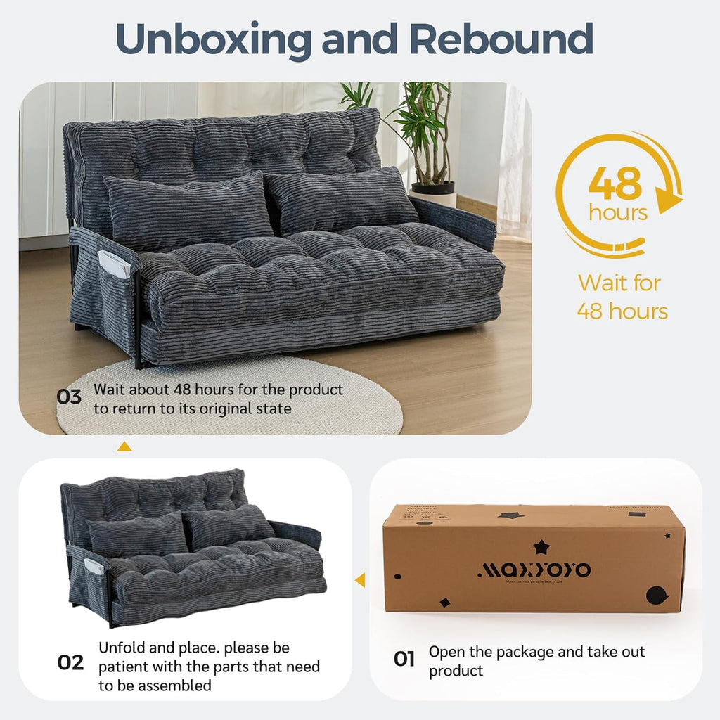MAXYOYO Adjustable Floor Sofa Couch with 2 Pillows, Multi-Functional Bean Bag Bed, 5-Position Foldable Lazy Sofa Sleeper Bed with Armrest, Versatile Floor Seating for Reading, Dark Grey, Double