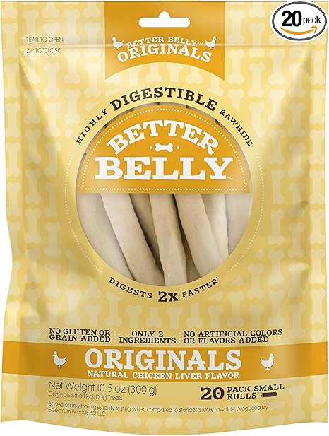 Better Belly Originals Natural Chicken Liver Flavor Small Rolls 20 Count, Highly Digestible Rawhide