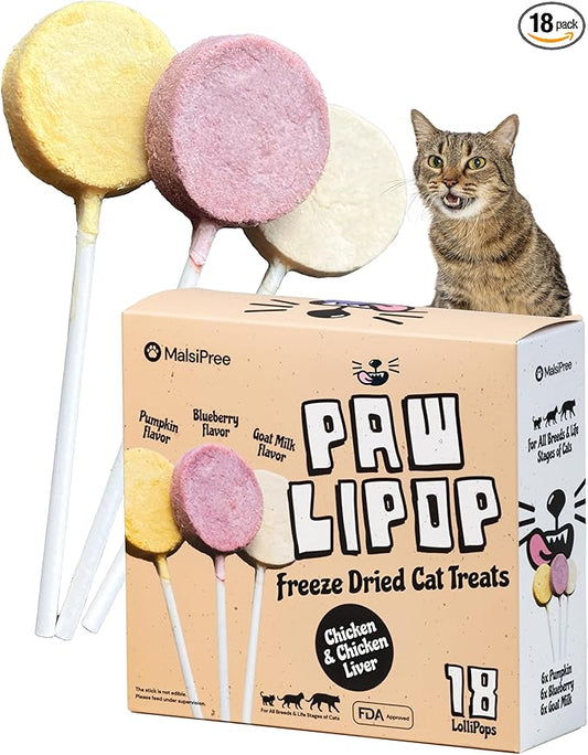 MalsiPree Cat Lollipop Treats - Interactive Cat Toy & Freeze Dried Cat Treats - Fun Suckers & Pops - Healthy Cat Birthday Treats, Cake Alternative & Snack - Food Toppers Chicken & Pumpkin, 18 Pack