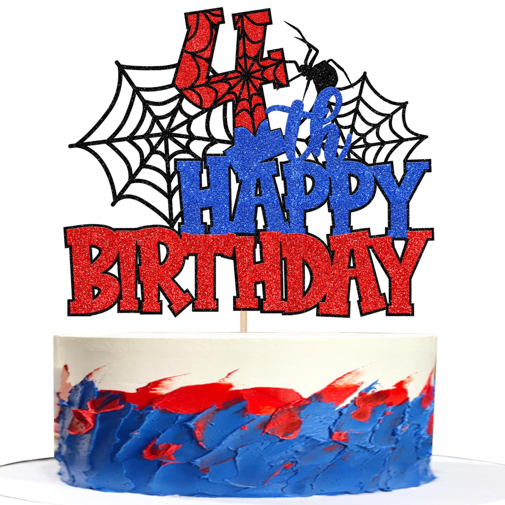 1 PCS Happy 4th Birthday Cake Topper Glitter Spider Web Cheers to 4 Years Four Birthday Cake Pick Superhero Spider Party Decorations for Boys Girls Happy 4th Birthday Party Cake Decorations Supplies