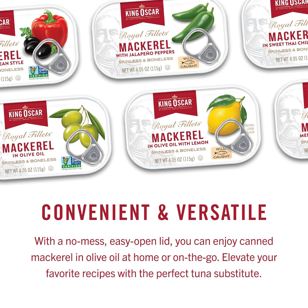 King Oscar Mackerel in Olive Oil, 4.05 Ounce Can (Pack of 6, Packaging May Vary), Skinless & Boneless, Wild Caught Canned Mackerel