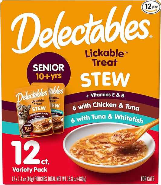 Delectables Lickable Treat Stew Senior 10+ Wet Cat Treat with Real Chicken, Food Topper, Hydrating, Grain-Free, No Fillers, No By-Products, No Added Preservatives, 1.4oz Pouch, 12ct