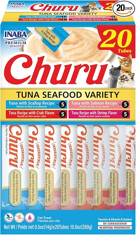 INABA Churu Cat Treats, Lickable, Squeezable Creamy Purée Cat Treat with Green Tea Extract & Taurine, 0.5 Ounces Each Tube, 20 Tubes, Tuna & Seafood Variety Box