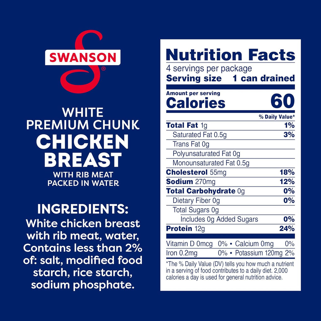 Swanson White Premium Chunk Chicken Breast with Rib Meat in Water, 4.5 oz. (Pack of 4)