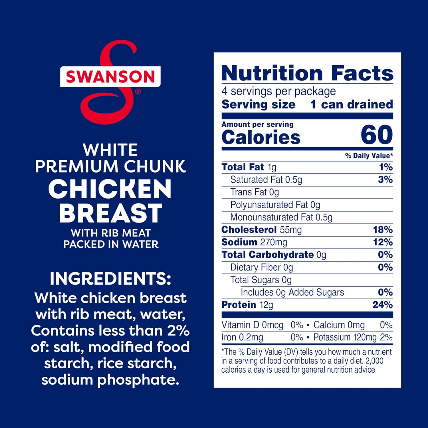 Swanson White Premium Chunk Chicken Breast with Rib Meat in Water, 4.5 oz. (Pack of 4)
