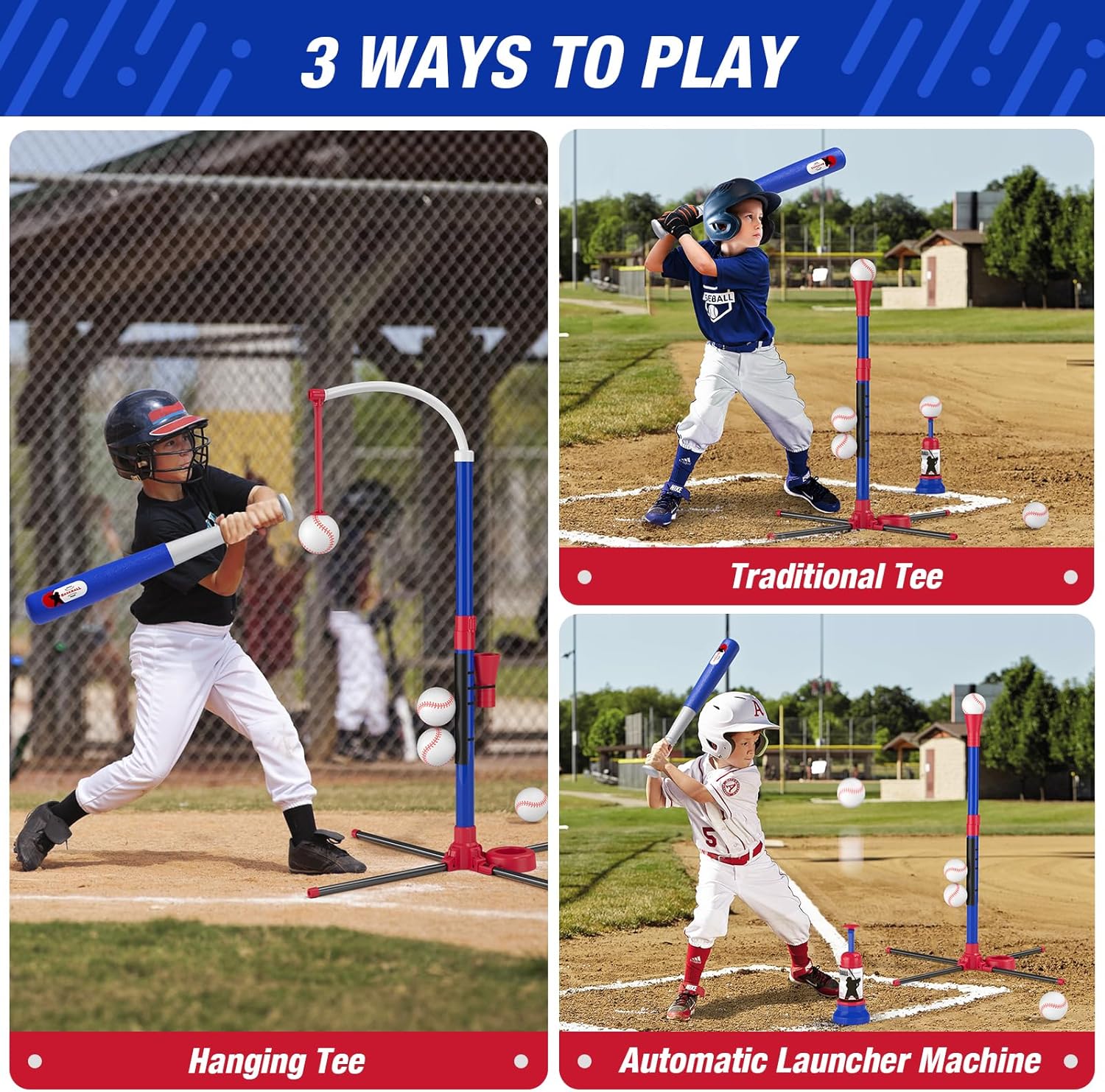 3-in-1 Baseball Set for Kids 3-5 - Tee Ball Stand, Hanging Tee, Ball Launcher and 6 Softballs - Adjustable Height, Indoor/Outdoor Sport Gifts for Boys Girls, Blue