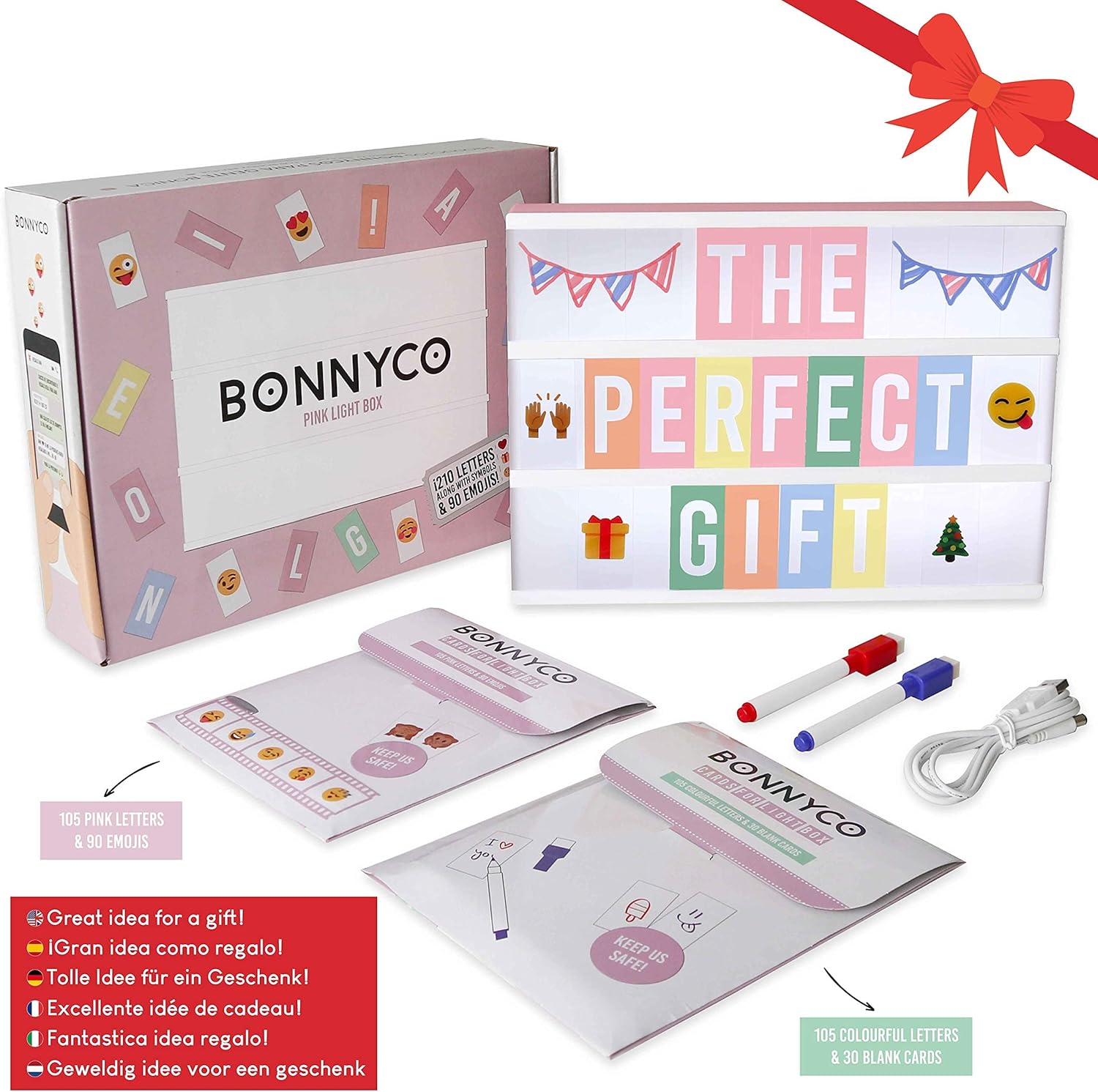BONNYCO Pink Cinema Light Box with 400 Letters, Emojis, 2 Markers. Led Light Box Home Office and Room Decor, Cinema Led Sign Letters Board. Gifts for Women Girls Christmas Birthdays, Pink Decor