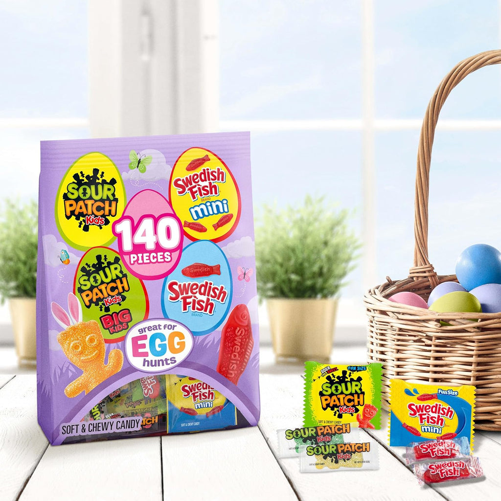 SOUR PATCH KIDS, SOUR PATCH KIDS Big Kids, SWEDISH FISH and SWEDISH FISH Mini Soft & Chewy Easter Candy Variety Pack, Bulk Candy, 140 Snack Packs