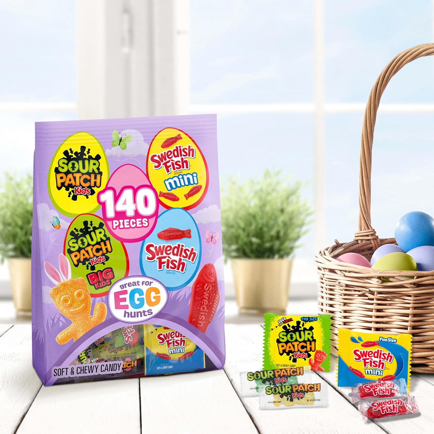 SOUR PATCH KIDS, SOUR PATCH KIDS Big Kids, SWEDISH FISH and SWEDISH FISH Mini Soft & Chewy Easter Candy Variety Pack, Bulk Candy, 140 Snack Packs