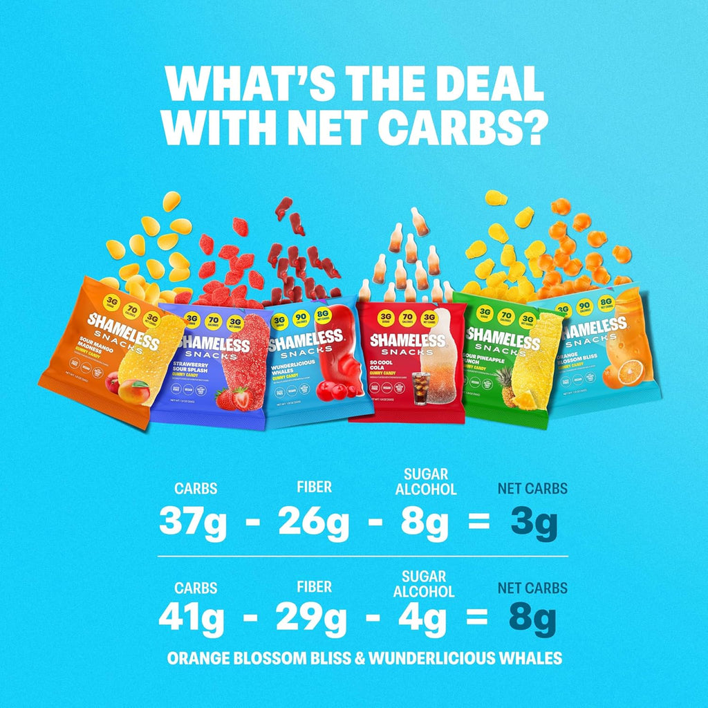 Shameless Snacks Candy Carnival - Healthy Low Sugar Snacks with Pineapple, Mango, Orange, Strawberry & Cola Gummies - Vegan, Gluten-Free, Low-Calorie Candy Variety Pack