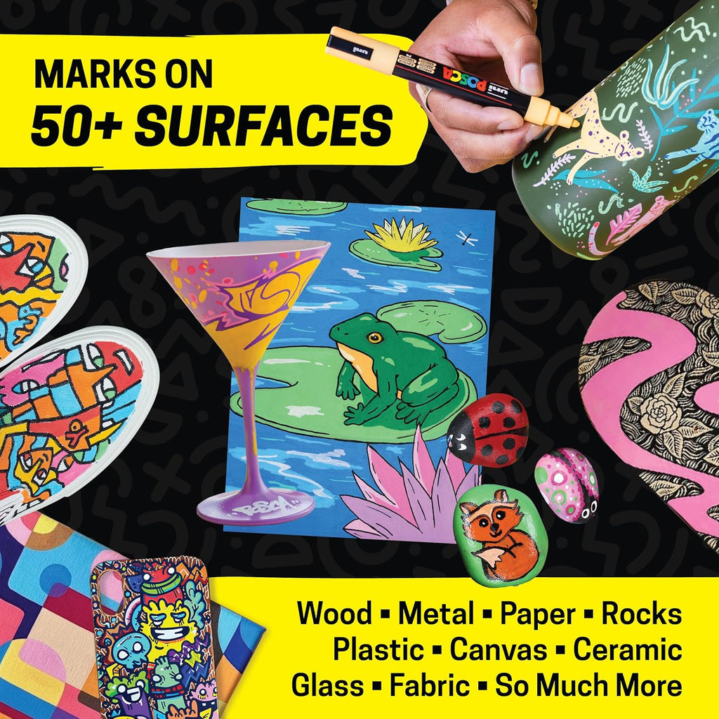 Posca Paint Art Markers, Set of 15 5M Medium Acrylic Markers with Reversible Tips, Artist Recommended Paint Pens for Gifts, Decorations, Fabric, Metal, Windows, Wood and Canvas