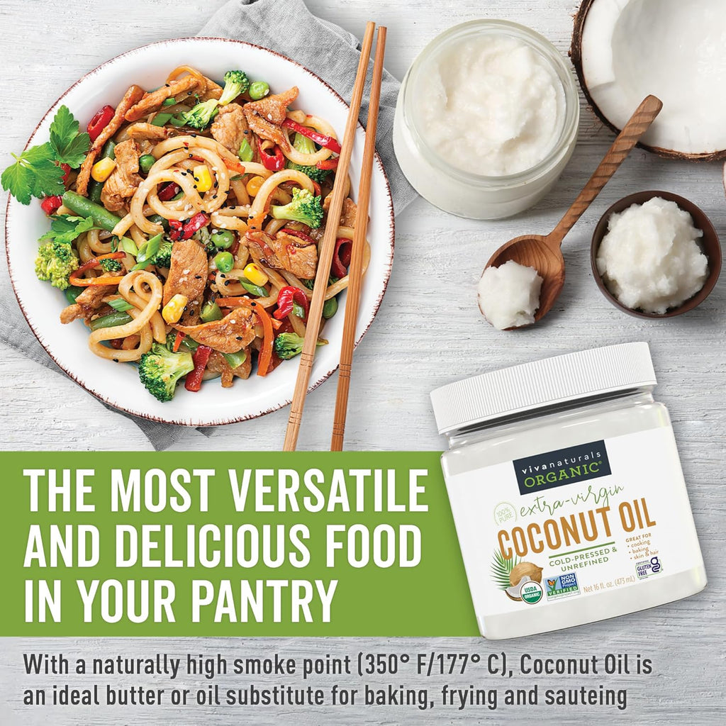 Viva Naturals Organic Coconut Oil, 16 fl oz – Unrefined, Cold-Pressed Extra Virgin Coconut Oil, USDA Organic & Non-GMO, Natural Cooking Oil, Hair Oil & Skin Oil